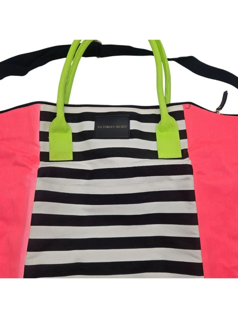 Victorias Secret Striped Pink Tote Bag With Neon Green Handles 26in x 16in